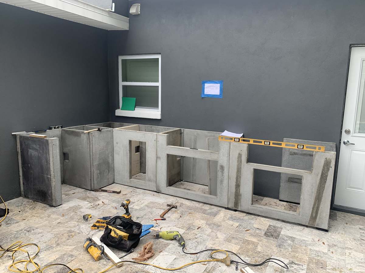 Concrete kitchen panels staged on site